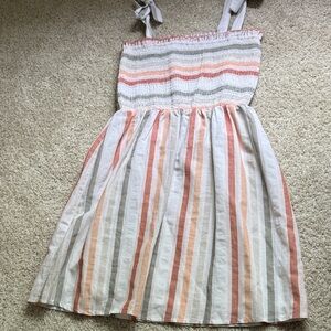 Paper Crane Peach, Cream & Olive-Striped Smocked Sundress